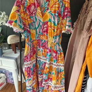 Crown & Ivy Colorful Leaf and fruit Print Maxi Dress